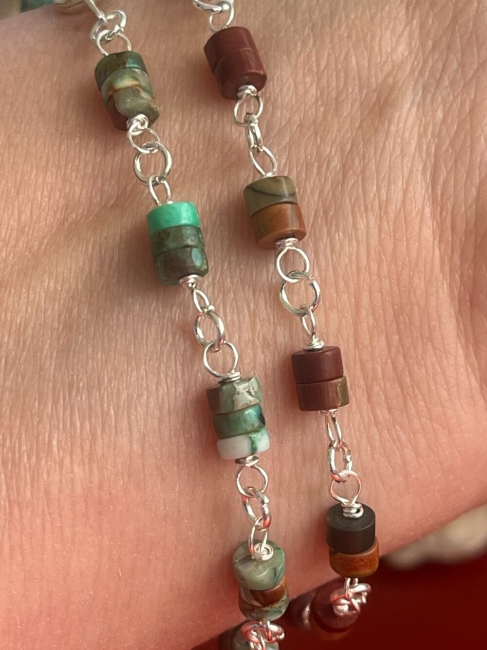African Turquoise Bracelet | Boho Heishi Bead Silver Bracelet | Earthy Gemstone - Picture 5 of 6
